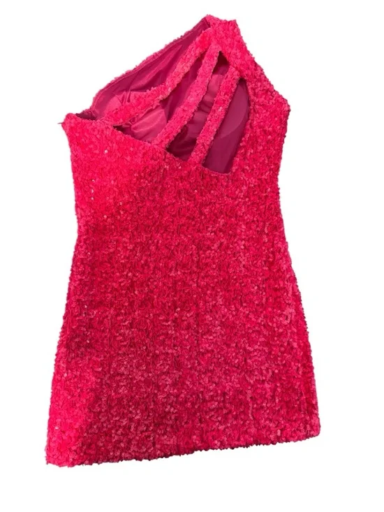 Hot Pink Sequin One Shoulder Mini Dress Textured Party Cocktail Large - Picture 3 of 9